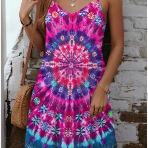 Women's Cami Dress Tie Dye Print Strap Mini Dress Hawaiian Boho Hippie Vacation Sleeveless Summer