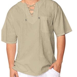 Eyelet Tie Cotton Linen Men's Short Sleeve Shirt