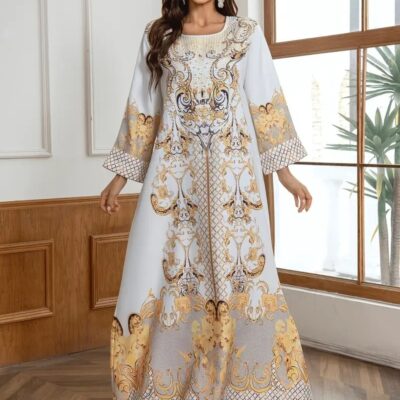 Ladies' Round Neck Rhinestone Decorative Print Long Abayalian Dress