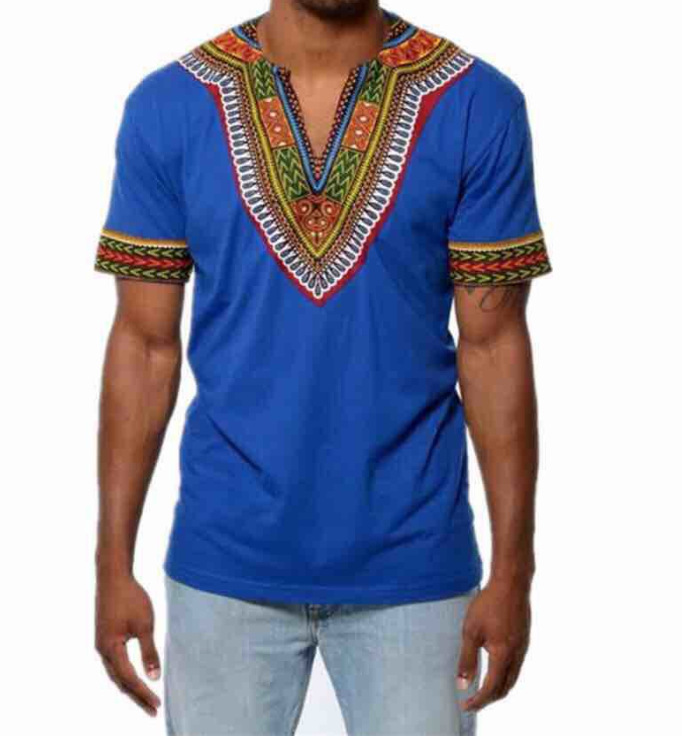 Ethnic Style Solid Color Printed V-neck Short-sleeved Loose Men's T-shirt - Image 3