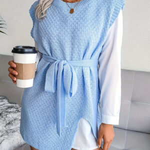 Lace Up Split Hem Knitted Sweater Dress, Versatile Crew Neck Cap Sleeve Plain Color Dress, Women's Clothing