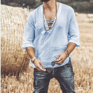 Men's Tie-Up Solid Color Mid-Sleeve T-Shirt Shirt