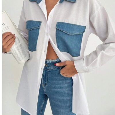 OVERSIZE WHITE SHIRT WITH DENIM POCKET DETAIL