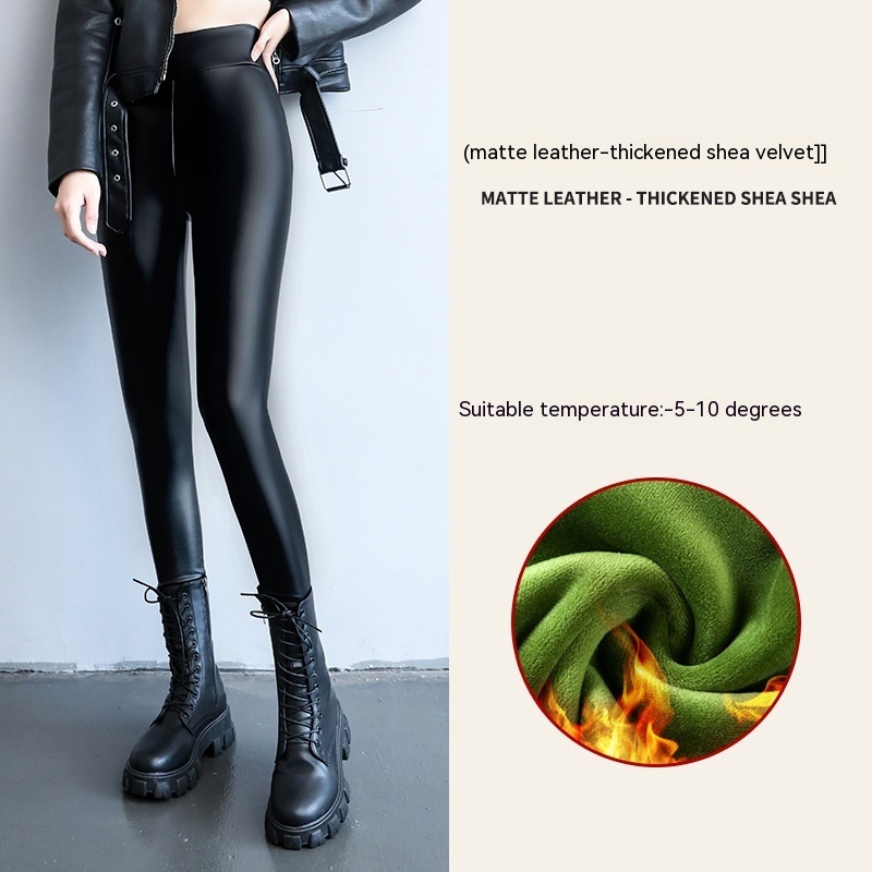 PU Fleece-lined High Waist Slimming Windproof Waterproof Leggings - Image 9