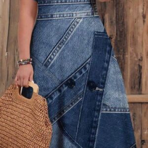 Plus Size Women's Casual Patchwork Pattern V-Neck Short Sleeve Dress, Suitable For Spring Autumn