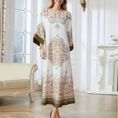 Elegant Floral Print Long Sleeve Abaya Dress