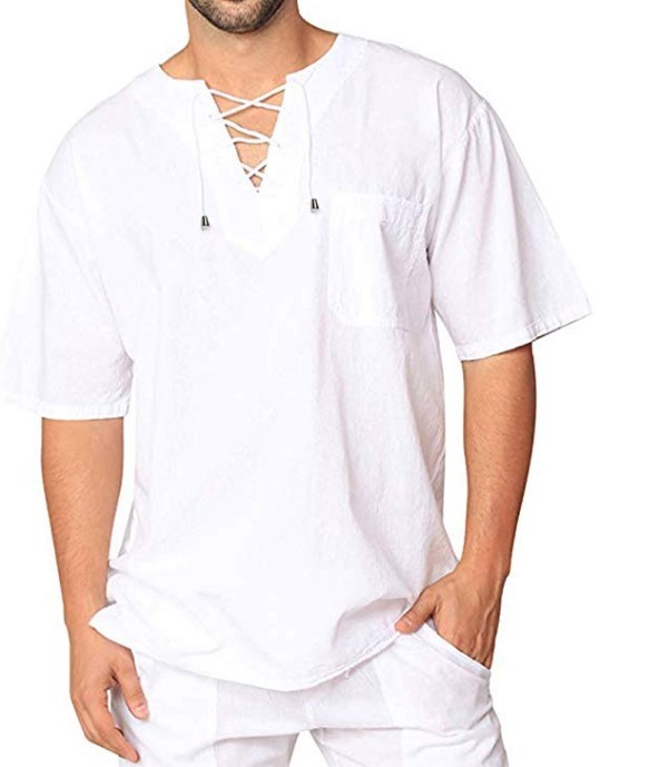 Eyelet Tie Cotton Linen Men's Short Sleeve Shirt - Image 5