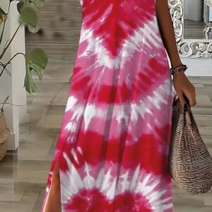 Valentine's Day Elegant Targeted Women's Short Sleeve V-Neck Peach Love Print Split Floor-Length Dress