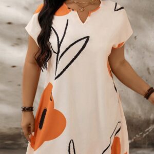 Plus Size Floral Print Notch Neck Batwing Sleeve Summer Dress