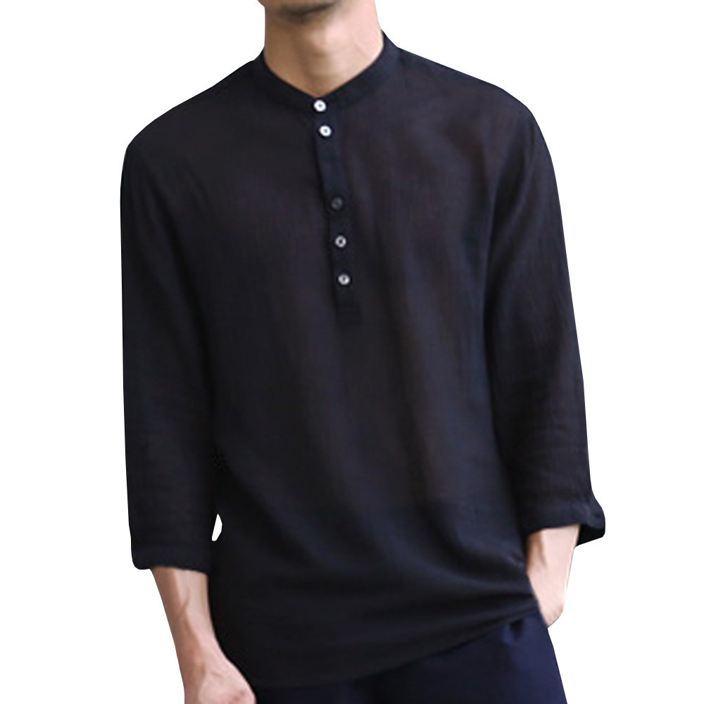 Solid Color Half Sleeve V Neck Buckle Trend Men's Cotton Linen Shirt - Image 3