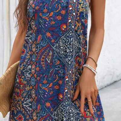 Bohemian Printed V Neck Spaghetti Strap Backless A-Line Dress, Perfect For Music Festivals