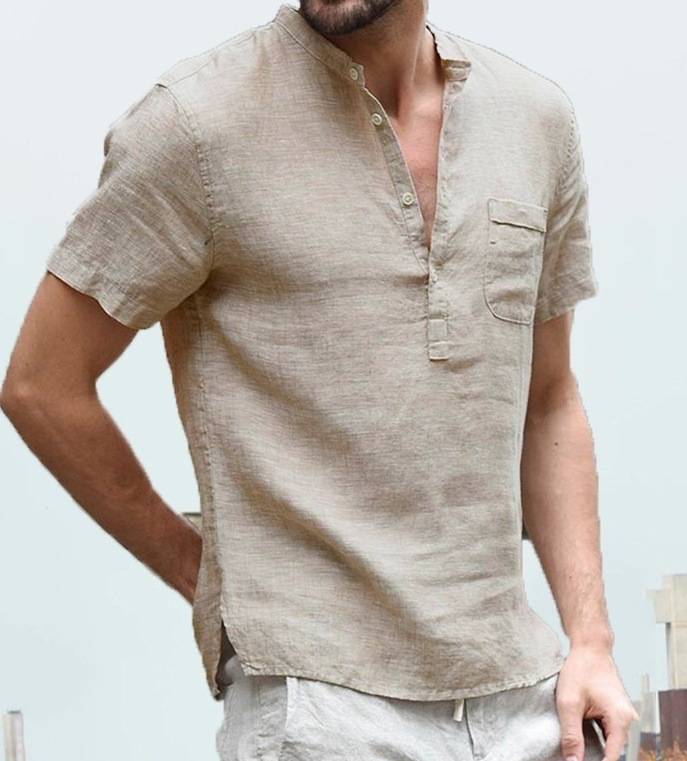 Casual Linen Solid Color Shirt Button V Neck Beach Shirt Men Summer Tops - Image 8