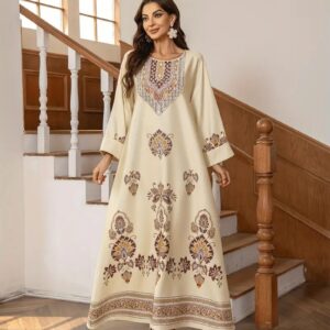 Elegant Floral Printed Abaya Middle Eastern Muslim Clothing For Women