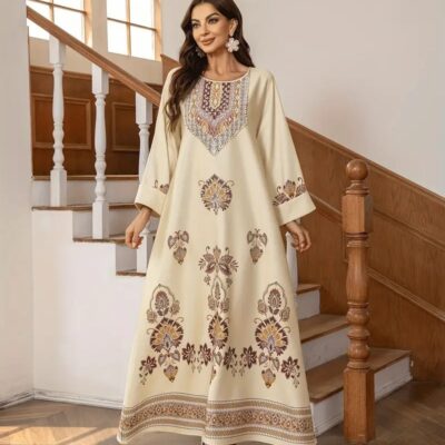 Elegant Floral Printed Abaya Middle Eastern Muslim Clothing For Women