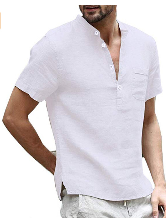 Casual Linen Solid Color Shirt Button V Neck Beach Shirt Men Summer Tops - Image 3