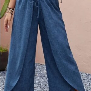 Stylish Shirred Waist Wide Leg Pants - Women's Clothing - Comfortable Vacation Style Layered Pants For Spring & Summer With Elastic Waistband And Flowy Design For A Flattering Fit