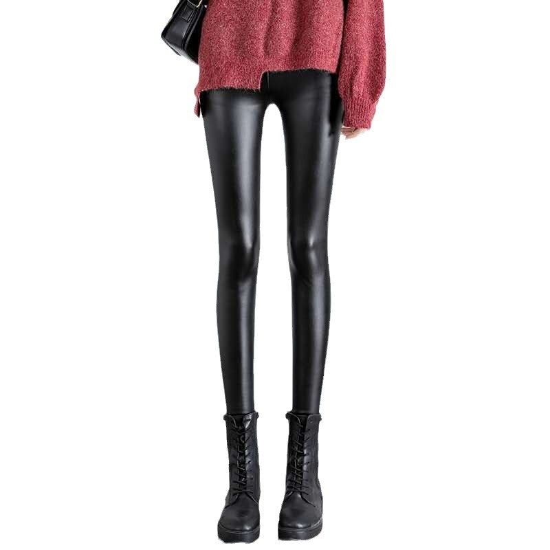 PU Fleece-lined High Waist Slimming Windproof Waterproof Leggings - Image 2