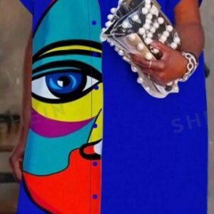 Women's Graffiti Print Patchwork Buttoned Eye Abstract Bat Wing Sleeve Dress