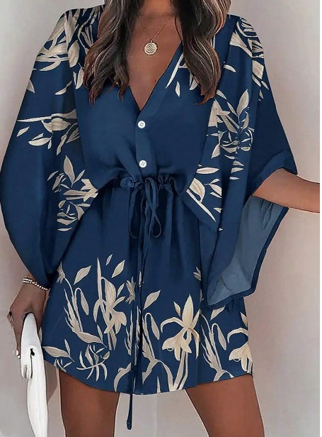 Women's Printed Batwing Sleeve Dress With Botanical Design - Image 2
