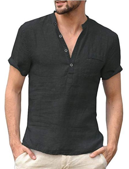 Casual Linen Solid Color Shirt Button V Neck Beach Shirt Men Summer Tops - Image 2