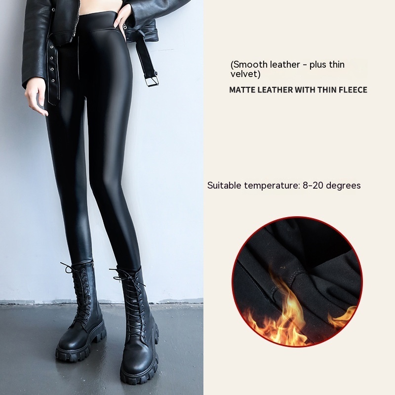 PU Fleece-lined High Waist Slimming Windproof Waterproof Leggings - Image 4