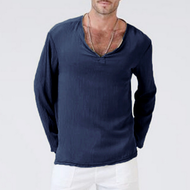 Linen Ethnic Style Loose Men's V-neck Solid Color Long-sleeved T-shirt - Image 5