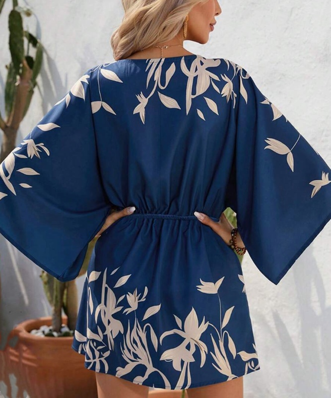 Women's Printed Batwing Sleeve Dress With Botanical Design - Image 4