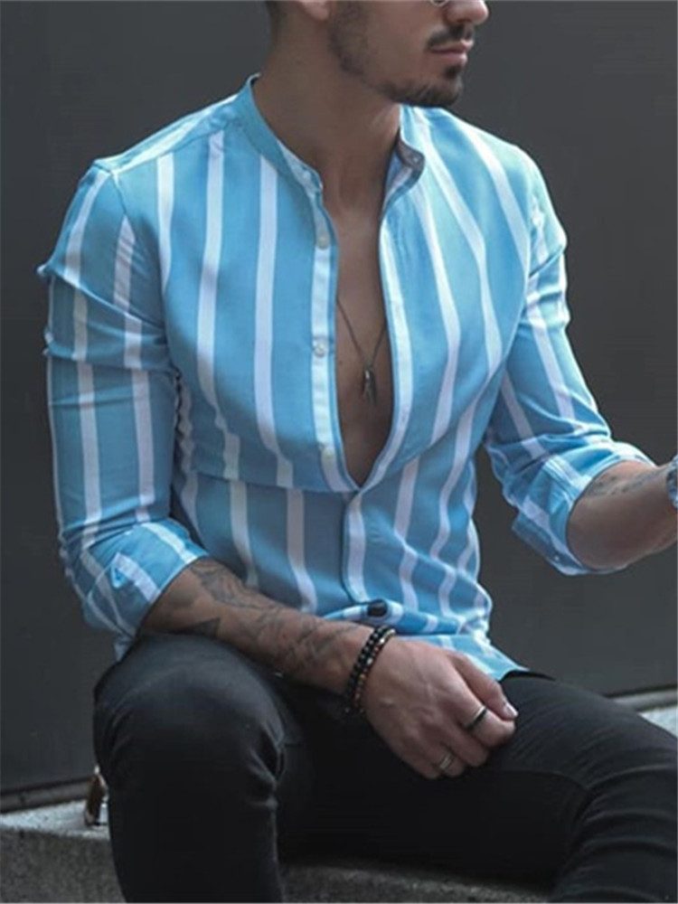 European And American Men's Stand Collar Striped Shirt - Image 4