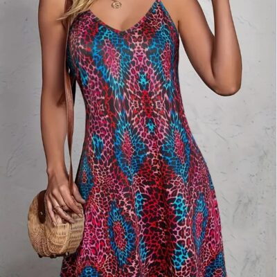 Leopard Print V Neck Cami Dress, Vacation Sleeveless Dress For Spring & Summer, Women's Clothing