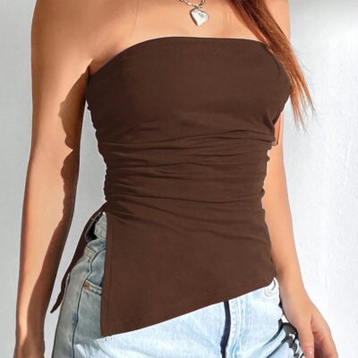 Women Solid Color Ruched Side Slit Hem Bandeau Cami Top