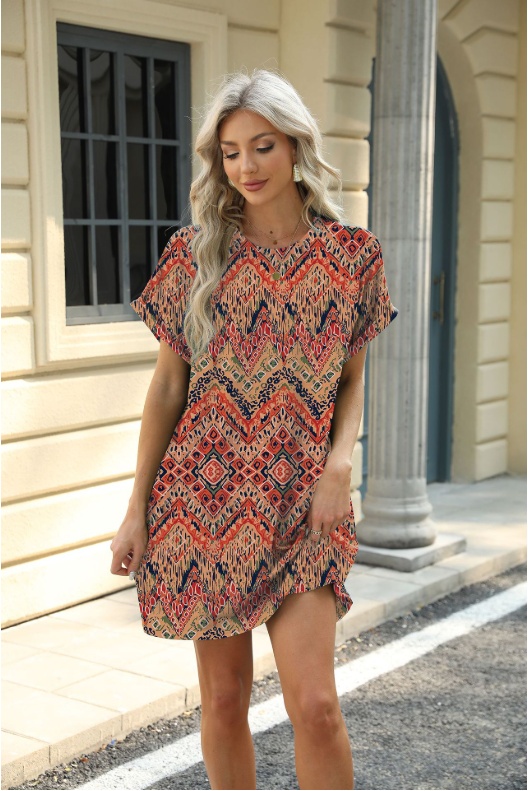 Loose Crew Neck Short Sleeve Printed Pocket Dress - Image 2