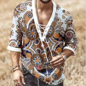 Men's Chest Tie Eyelet T-Shirt Print Lining