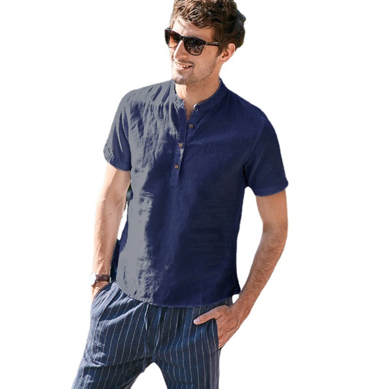 Men's Linen Short Sleeve Stand Collar Shirt - Image 4