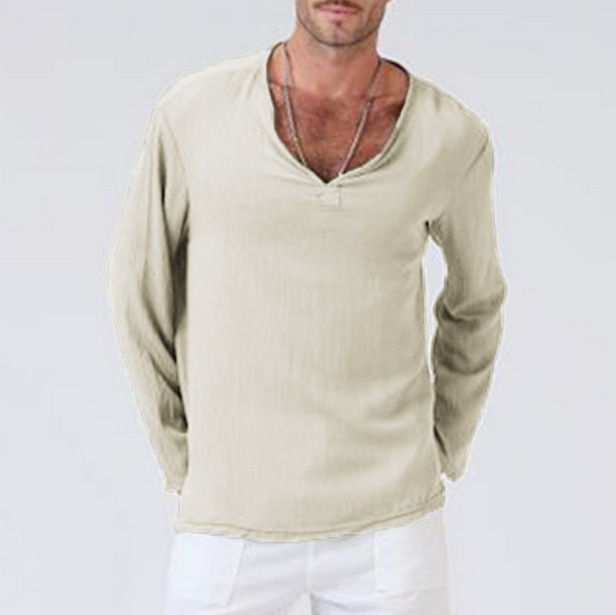 Linen Ethnic Style Loose Men's V-neck Solid Color Long-sleeved T-shirt - Image 3