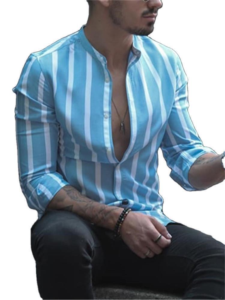 European And American Men's Stand Collar Striped Shirt - Image 5