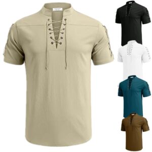 Men's Beach Shirt Short Sleeve Tie V Neck T-Shirt Tops Summer