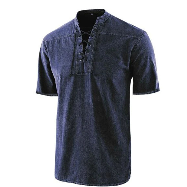 Retro Shirt Men Tie Collar Short-sleeved Shirt Summer - Image 4