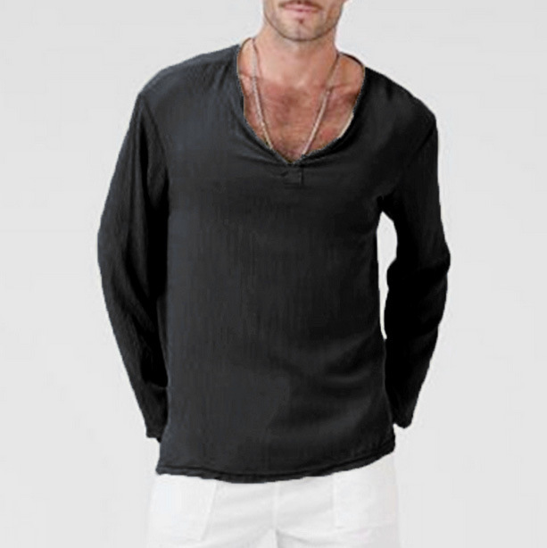 Linen Ethnic Style Loose Men's V-neck Solid Color Long-sleeved T-shirt - Image 6