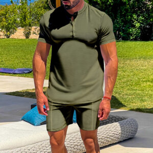 Men's Casual Athletic Solid Color Henley Two-Piece Suit