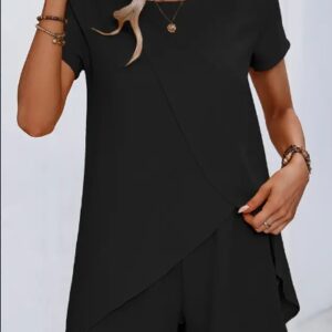 Solid Color Summer Casual Two-piece Set, Asymmetrical Hem Crew Neck Short Sleeve Top & Shorts Outfits, Women's Clothing