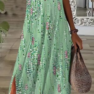 Stunning Floral V-Neck Dress - 3D Printed, Split Hem,  Loose Fit, All Seasons, Adult Size, Elegant And Comfortable For Women