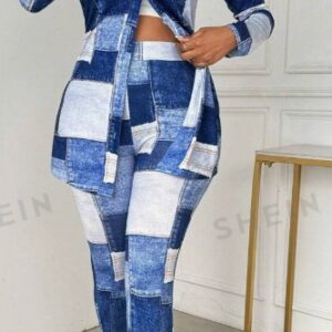 Women's Shirt Collar Long Sleeve Knit Denim Effect Top And Pants Set