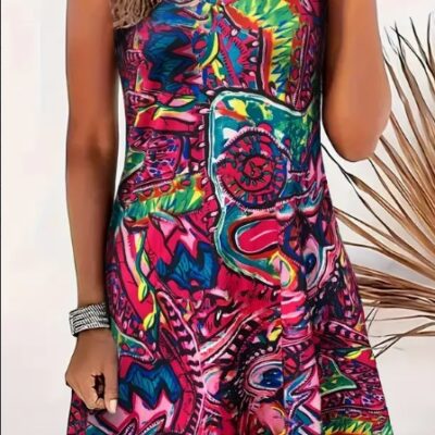 Abstract Print Backless Cami Dress, Vacation Sleeveless V-neck Dress, Women's Clothing
