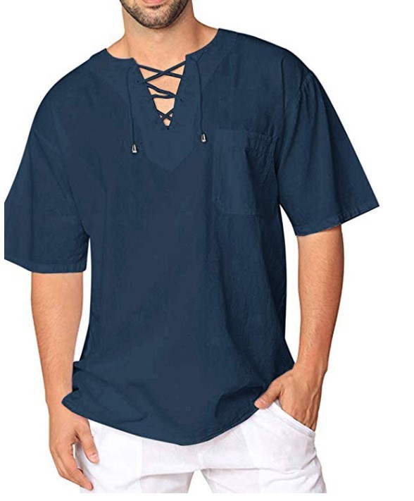 Eyelet Tie Cotton Linen Men's Short Sleeve Shirt - Image 2