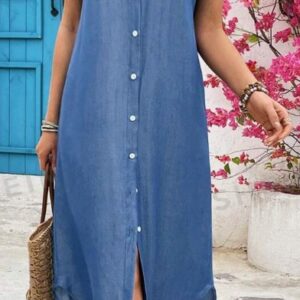 Women Summer Denim-Look Longline Shirt Dress