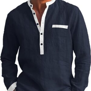Men's Long Sleeved Henry Shirts Cotton Linen Shirts Regular Men's Shirts