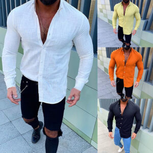 Slub Long Sleeve Button Lapel Men's Linen Shirt
