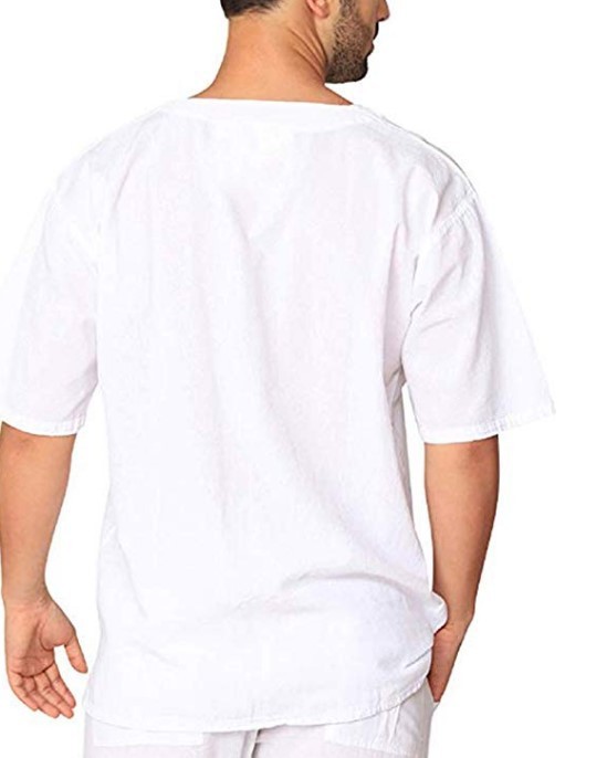 Eyelet Tie Cotton Linen Men's Short Sleeve Shirt - Image 4