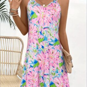 Floral Print Spaghetti Strap Dress, Elegant V Neck Sleeveless Cami Dress For Spring & Summer, Women's Clothing