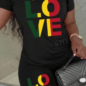 Women's LOVE Slogan Digital Print Short Sleeve T-Shirt And Shorts Comfy Lounge Set